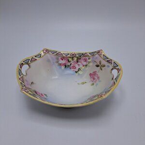 Hand Painted Nippon Rose Floral 2 Handled Dish Geometric Border Vintage